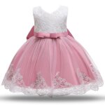 Robe de bapt�me � gros n?ud pour filles tutu pelucheux rose1