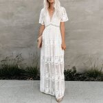 Robe blanche bohme en dentelle jastie - longue tunique brode pour femme
