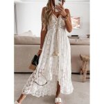 Robe boheme chic robe longue femme elegant brodee blanche dentelle col v de soiree party plage mariage ...