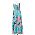 Robe boheme femme bretelles longue floral col v robe ete de plage sans manches confortable - bleu / rose ...
