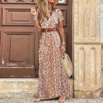 Robe boheme - nathan - grande taille - rose - manches courtes col en v - taille haute