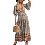 Robe boheme femme longue imprimé col v manches courtes robe de plage ete pour vacances Robe boheme femme longue imprimé col v manches courtes robe de plage ete pour vacances