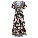 Robe boheme femme manches courte col v robe longue ete imprimé plage confortable avec ceinture - noir ... Robe boheme femme manches courte col v robe longue ete imprimé plage confortable avec ceinture - noir ...