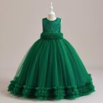 Robe de crmonie fille - elegant tulle vert - ceinture - sans manches
