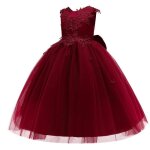 Robe ceremonie fille sans manches longue robe de soir�e mariage tulle avec noeud papillon - rouge