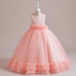 Robe de crmonie fille soire sans manches robe longue princesse elegant tulle avec ceinture - rose