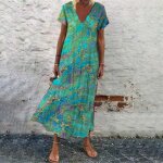 Robe classique à manches courtes et col en v pour femmes robe longue fluide à volants vert Robe classique à manches courtes et col en v pour femmes robe longue fluide à volants vert