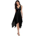 Robe de cocktail femme asymétrique au genou double col - v sans manche en dentelle mousseline de soie ... Robe de cocktail femme asymétrique au genou double col - v sans manche en dentelle mousseline de soie ...