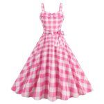 Robe cocktail femme  bretelles carreaux sans manches col en v a - line evase mi - longue chic et elegante ...