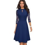 Robe de cocktail femme manches en dentelle robe de soire mi - longue col rond couleur unie