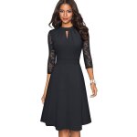 Robe de cocktail femme manches en dentelle robe de soire mi - longue col rond couleur unie - noir