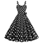 Robe cocktail femme mi - longue  bretelles pois sans manches col en v a - line evase chic et elegante ...