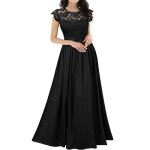 Robe de cocktail femme mousseline de soie robe de soirée longue dentelle col rond couleur unie - noir ... Robe de cocktail femme mousseline de soie robe de soirée longue dentelle col rond couleur unie - noir ...