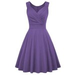 Robe cocktail femme sans manches col v robe de soir�e vintage evas�e mi - longue couleur unie