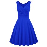 Robe cocktail femme sans manches col v robe de soire vintage evase mi - longue couleur unie - bleu