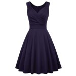 Robe cocktail femme sans manches col v robe de soir�e vintage evas�e mi - longue couleur unie - bleu ...