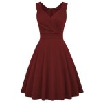 Robe cocktail femme sans manches col v robe de soire vintage evase mi - longue couleur unie - bordeaux ...
