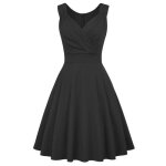 Robe cocktail femme sans manches col v robe de soire vintage evase mi - longue couleur unie - noir