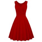 Robe cocktail femme sans manches col v robe de soire vintage evase mi - longue couleur unie - rouge ...