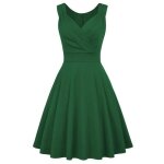 Robe cocktail femme sans manches col v robe de soir�e vintage evas�e mi - longue couleur unie - vert