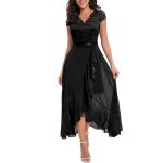 Robe cocktail mariage femme dentelle sans manches robe de soire longue col v couleur unie - noir