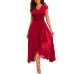 Robe cocktail mariage femme dentelle sans manches robe de soirée longue col v couleur unie - rouge Robe cocktail mariage femme dentelle sans manches robe de soirée longue col v couleur unie - rouge