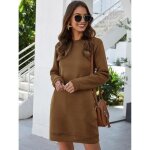 Robes de couleur unie pour femmes automne hiver col rond poche courtes manches longues marron Robes de couleur unie pour femmes automne hiver col rond poche courtes manches longues marron