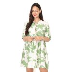 Robe courte et ample en coton � motifs fleurs graphiques. dot�e de manches ballons et de 3 liens � nouer ...