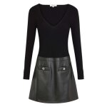 Robe courte noire bi - matire avec une coupe ajuste col v et  manches longues