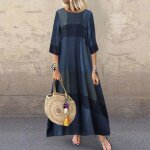 Robe dcontracte  manches longues pour femmes  carreaux vintage parti longues bleu