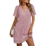 Robe dcontracte en soie - robe  manches courtes et col v  motif dentelle - rose - femme