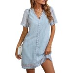 Robe décontractée en soie - robe à manches courtes et col v à motif dentelle - bleu - femme Robe décontractée en soie - robe à manches courtes et col v à motif dentelle - bleu - femme