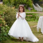 Robe demoiselle dhonneur fille pour mariage manches longues printemps ete - blanc Robe demoiselle dhonneur fille pour mariage manches longues printemps ete - blanc
