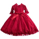 Robe en dentelle  manches longues pour filles mode printemps et automne rouge