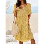 Robe dt pour femmes vintage imprim boho dcontracte taille lastique style bohme jaune