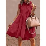 Robe d�t� mi - longue � volants pour femmes tenue �l�gante d�contract�e couleur unie rouge