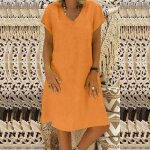 Robe femme robe ample dt en coton et lin de couleur unie  col en v et  manches courtes d orange