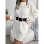Robe femme automne hiver col haut manches longues en laine - blanc Robe femme automne hiver col haut manches longues en laine - blanc