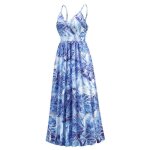 Robe femme boheme bretelles longue col v robe imprim� ete de plage sans manches confortable - bleu