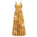 Robe femme boheme bretelles longue col v robe imprim ete de plage sans manches confortable - jaune