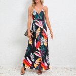 Robe femme  bretelles longue sans manches col v robe ete de plage imprim floral dos nu confortable ...
