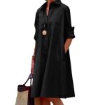 Robe pour femmes chemise simple dcontracte de couleur unie  manches longues col rabattu poche lgante ...