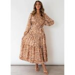 Robe pour femme chic et �l�gante � manches longues motif floral printemps - automne jaune