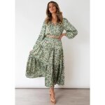 Robe pour femme chic et lgante  manches longues motif floral printemps - automne vert