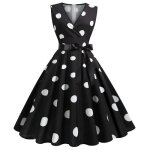 Robe femme de cocktail vintage  pois sans manhes col v robe soire plisse au genou avec ceinture - ...