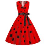 Robe femme de cocktail vintage  pois sans manhes col v robe soire plisse au genou avec ceinture - ...