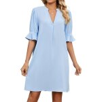 Robe femme col v manches courtes casual couleur unie - bleu