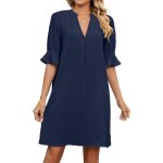 Robe femme col v manches courtes casual couleur unie - bleu fonce