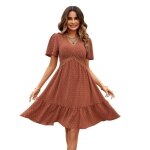 Robe femme col v manches courtes taille lastique pliss - brique - marron - femme - adulte