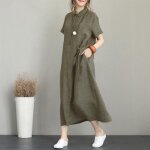 Robe femme coton lin poche o - cou manches courtes solide midi - vert